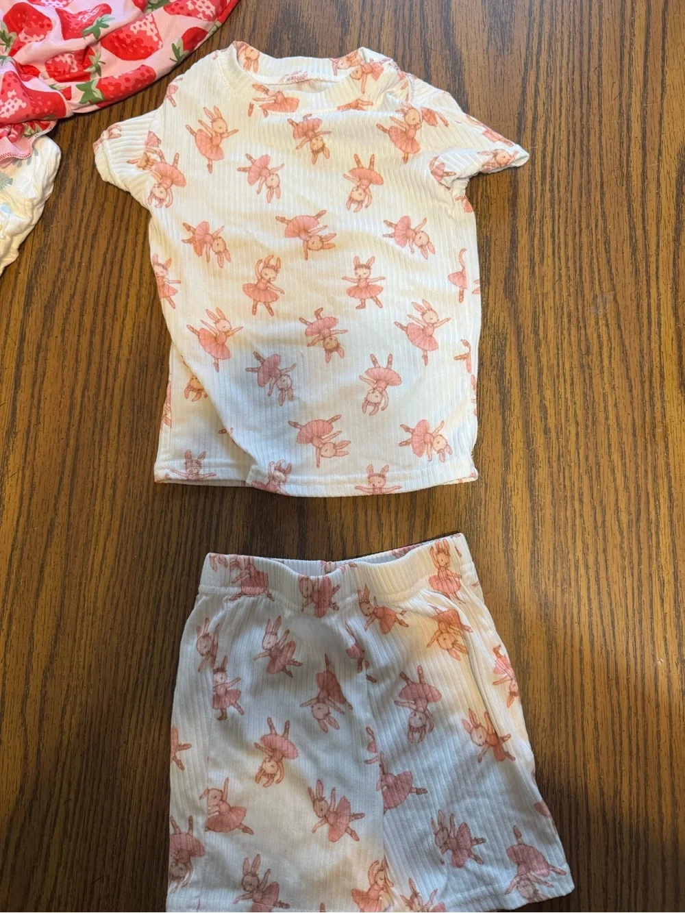 Girls White and Pink Bunny Ribbed Pajama Set